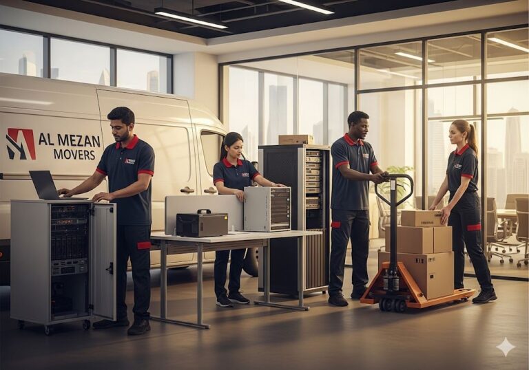 Al Mezan Movers team relocating an office: movers in dark and red uniforms move desks and boxed IT equipment while a technician sets up a laptop — professional corporate relocation service.