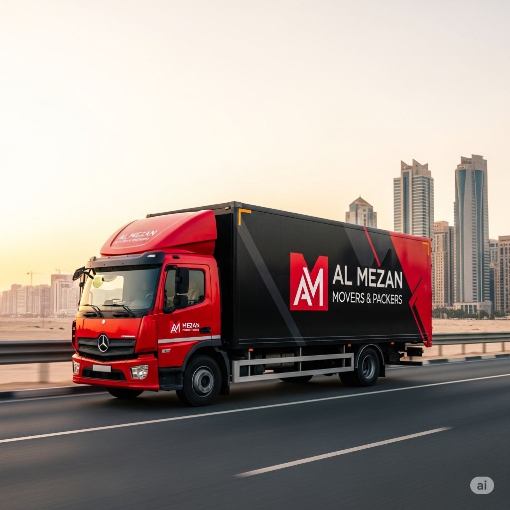 moving truck with al mezan movers and packers logo