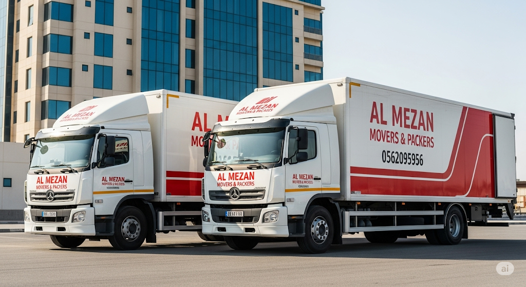 two trrucks parked having logo and phone number of al mezan movers